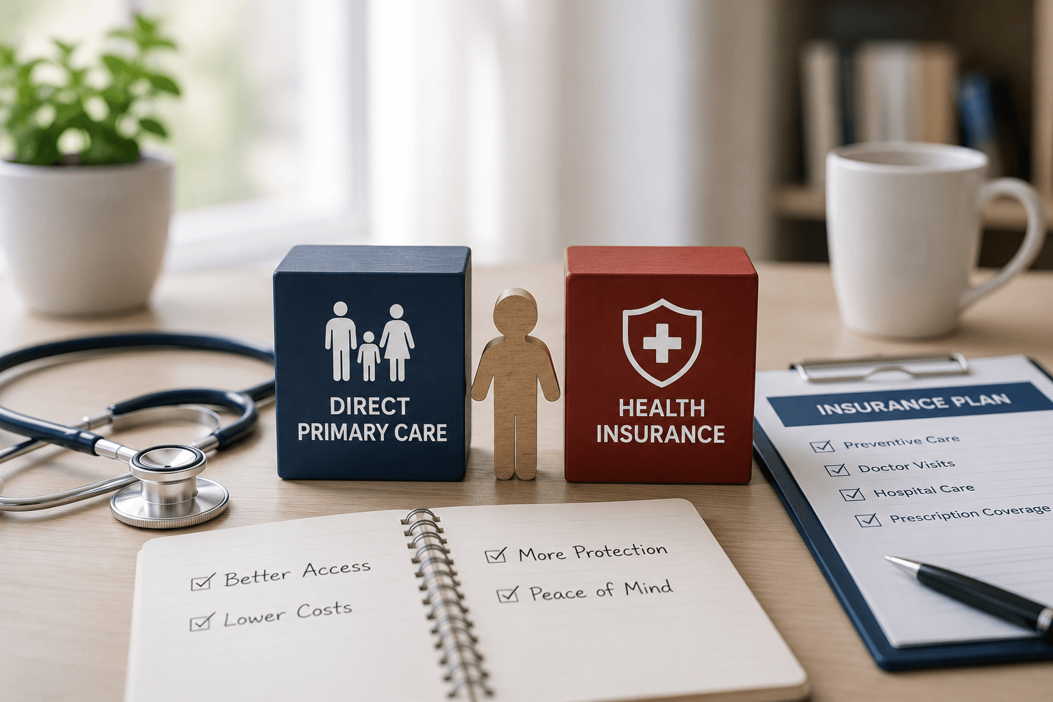 Direct Primary Care vs Health Insurance illustrated with healthcare planning tools and medical equipment.