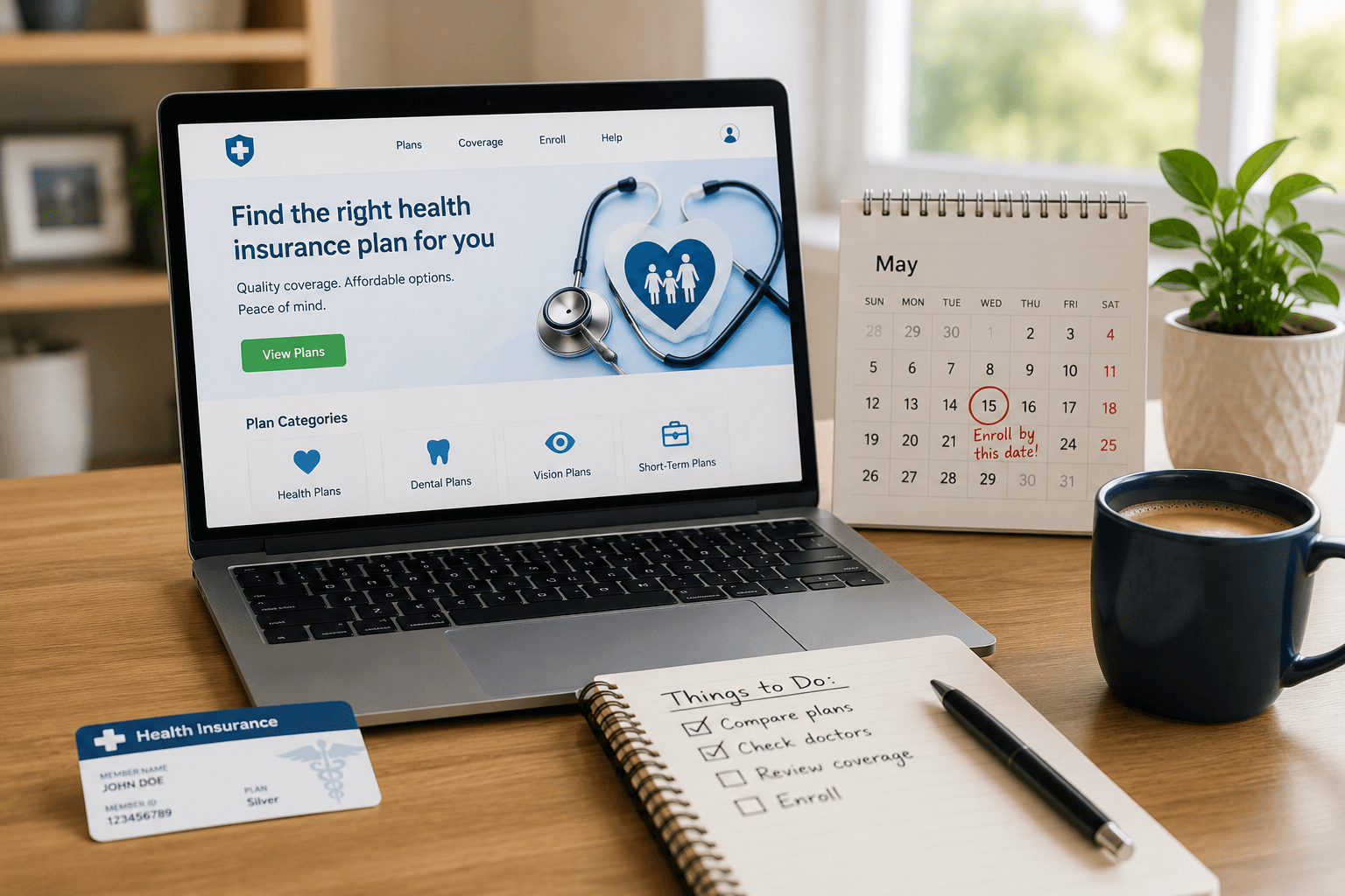health-insurance-after-open-enrollment Health insurance after Open Enrollment displayed on a laptop with a calendar and health insurance card.